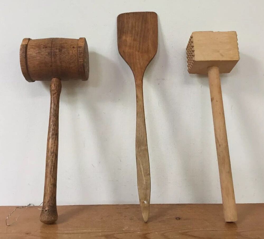 Lot 3 Vintage Antique Primitive Kitchen Utenisils Mallet Meat Tenderizer Spoon
